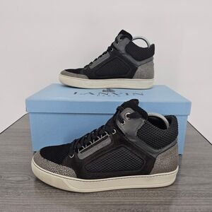 Lanvin Paris Mens High Top Sneakers Black Mesh‎ Leather Trim Designer Shoes